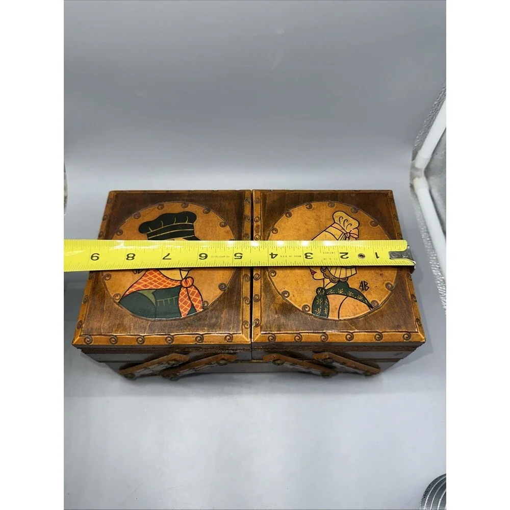 VINTAGE Wood Tiered Hand Painted Accordion Fold Out Sewing Box 9 X 5 X 4